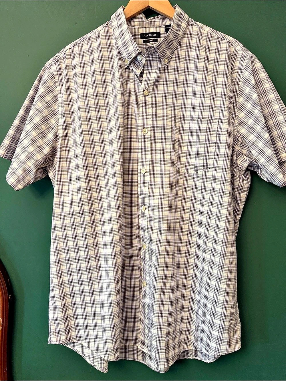 Van Heusen Flex Purple Plaid Short Sleeve Mens XL Woven Summer